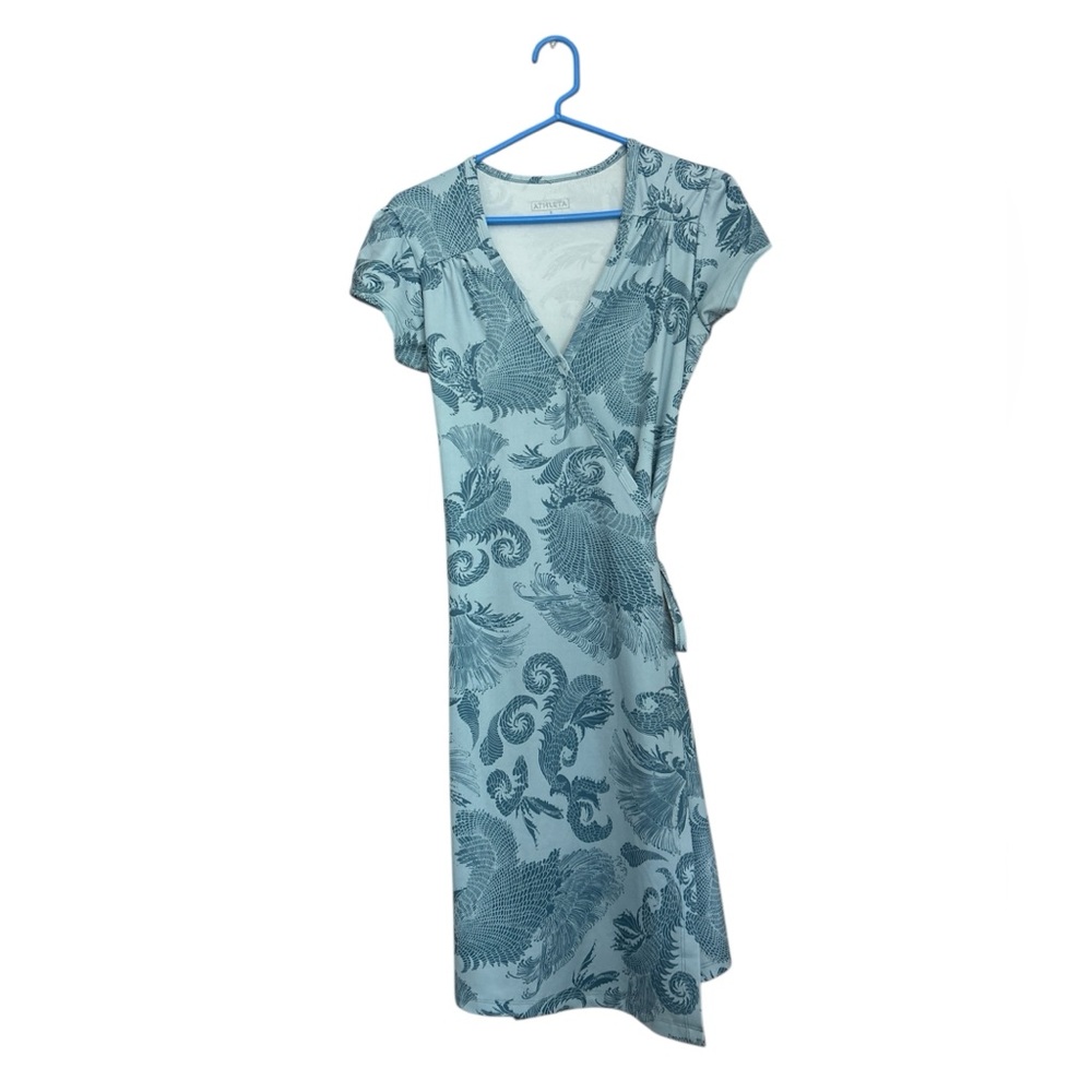 Athleta Blue Floral Short Sleeve True Wrap Dress Stretch     Casual Dress Size S